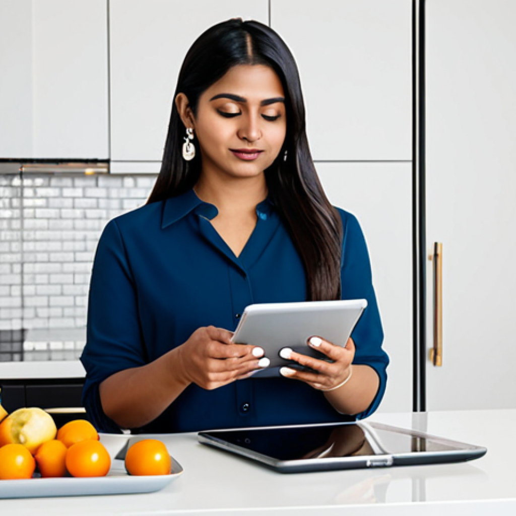 A professional South Asian woman in a modest, contemporary business casual outfit, sitting calmly at a modern kitchen island, holding a tablet displaying a personalized food tracking app with graphs and healthy meal suggestions. The background features a clean, minimalist kitchen with subtle smart home technology visible. The lighting is bright and inviting.
    *   **Mandatory Inclusions:** fully clothed, modest clothing, appropriate attire, professional dress, safe for work, appropriate content, perfect anatomy, correct proportions, natural pose, well-formed hands, proper finger count, natural body proportions, professional photography, high quality, studio lighting, highly detailed.
