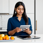 A professional South Asian woman in a modest, contemporary business casual outfit, sitting calmly at a modern kitchen island, holding a tablet displaying a personalized food tracking app with graphs and healthy meal suggestions. The background features a clean, minimalist kitchen with subtle smart home technology visible. The lighting is bright and inviting.
    *   **Mandatory Inclusions:** fully clothed, modest clothing, appropriate attire, professional dress, safe for work, appropriate content, perfect anatomy, correct proportions, natural pose, well-formed hands, proper finger count, natural body proportions, professional photography, high quality, studio lighting, highly detailed.