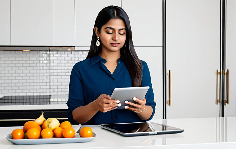 A professional South Asian woman in a modest, contemporary business casual outfit, sitting calmly at a modern kitchen island, holding a tablet displaying a personalized food tracking app with graphs and healthy meal suggestions. The background features a clean, minimalist kitchen with subtle smart home technology visible. The lighting is bright and inviting.
* **Mandatory Inclusions:** fully clothed, modest clothing, appropriate attire, professional dress, safe for work, appropriate content, perfect anatomy, correct proportions, natural pose, well-formed hands, proper finger count, natural body proportions, professional photography, high quality, studio lighting, highly detailed.
