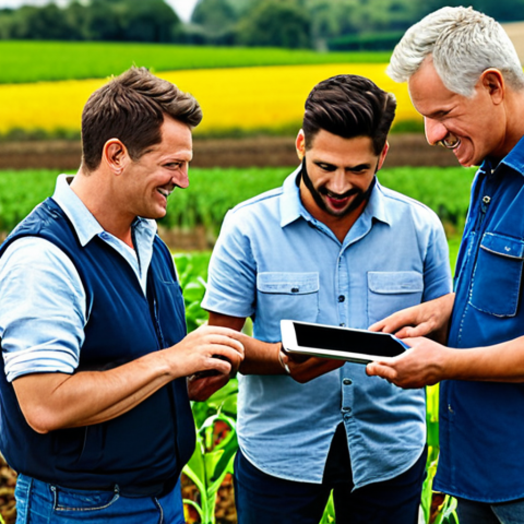 Food Tech & Farmer Trust**

"A group of fully clothed farmers examining a tablet with a technician in a rural field, discussing modern farming techniques, safe for work, appropriate content, modest attire, professional, perfect anatomy, natural proportions, friendly atmosphere."

**