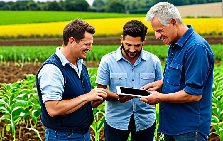 Food Tech & Farmer Trust**

"A group of fully clothed farmers examining a tablet with a technician in a rural field, discussing modern farming techniques, safe for work, appropriate content, modest attire, professional, perfect anatomy, natural proportions, friendly atmosphere."

**
