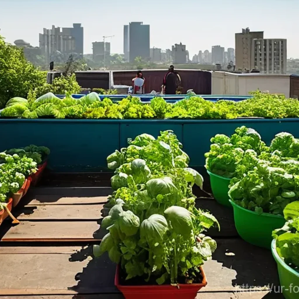 푸드테크와 도시 농업의 관계 - **Prompt:** "A bustling rooftop garden in a vibrant South Asian city. The garden is lush with variou...