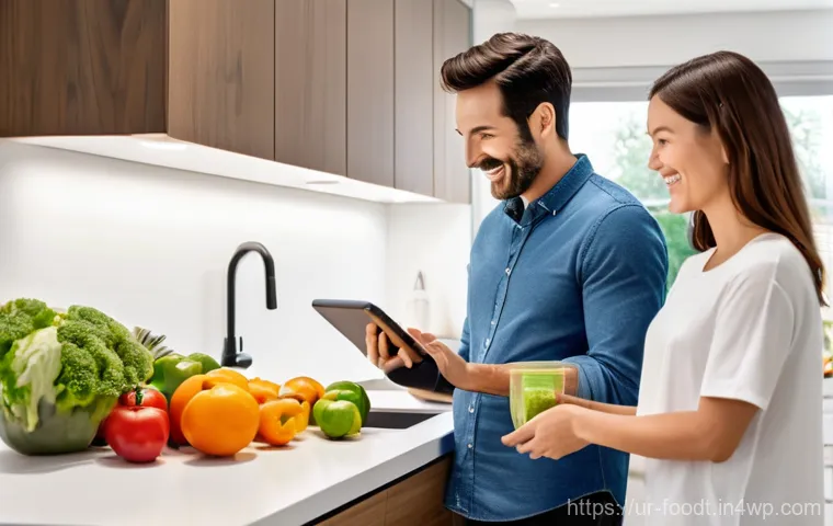 푸드테크 기술을 통해 해결할 수 있는 문제 - **Prompt: "A bright, modern kitchen interior, bathed in soft, natural light, where a family of three...