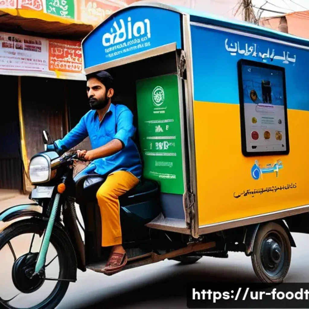 푸드테크 기업의 비즈니스 모델 분석 - A bustling modern digital food delivery hub in Karachi, Pakistan, showcasing diverse people using mo...