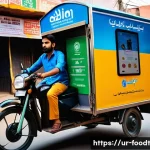 푸드테크 기업의 비즈니스 모델 분석 - A bustling modern digital food delivery hub in Karachi, Pakistan, showcasing diverse people using mo...
