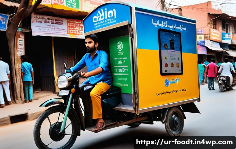 푸드테크 기업의 비즈니스 모델 분석 - A bustling modern digital food delivery hub in Karachi, Pakistan, showcasing diverse people using mo...