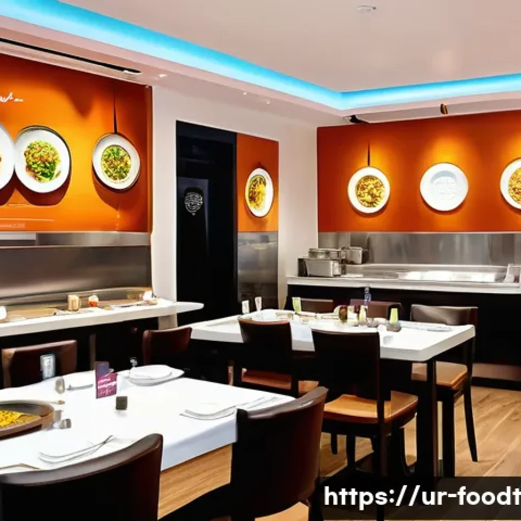 푸드테크 혁신이 요식업계에 미치는 영향 - A modern Pakistani restaurant interior showcasing advanced food technology: robotic kitchen assistan...