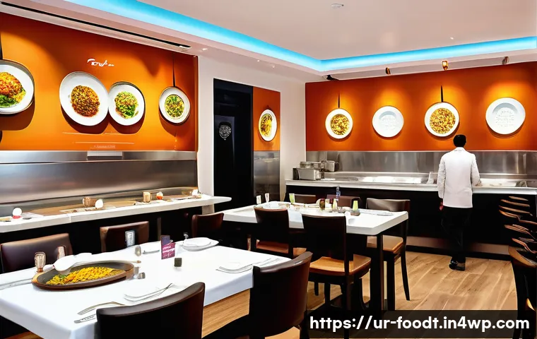 푸드테크 혁신이 요식업계에 미치는 영향 - A modern Pakistani restaurant interior showcasing advanced food technology: robotic kitchen assistan...