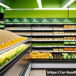 Home 22 푸드테크 기업의 사회적 책임 - An eco-friendly food packaging scene in a modern Pakistani grocery store, showing biodegradable and ...