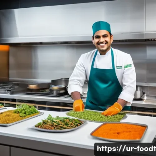 Home 33 푸드테크와 소비자 행동 변화 - A modern kitchen scene showcasing a South Asian chef wearing a clean apron and gloves, preparing tra...