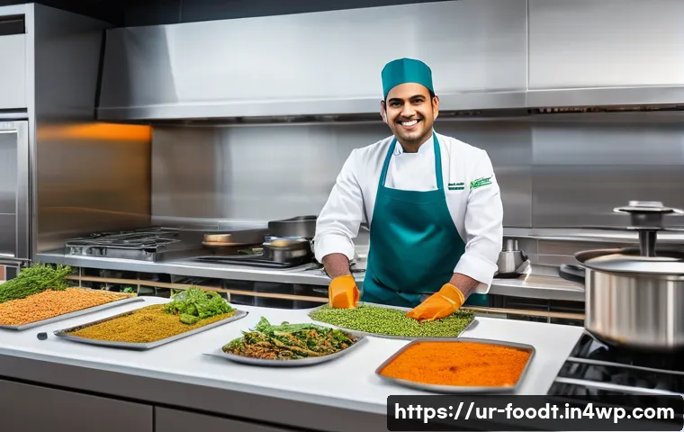 푸드테크와 소비자 행동 변화 - A modern kitchen scene showcasing a South Asian chef wearing a clean apron and gloves, preparing tra...