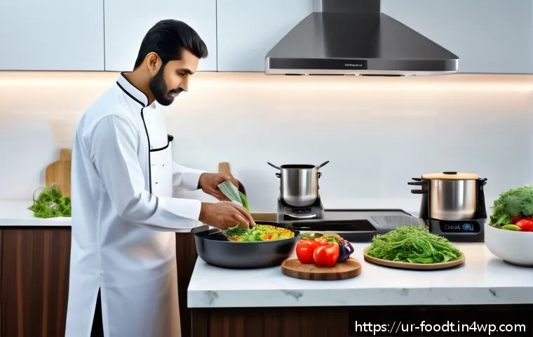 푸드테크와 건강 증진을 위한 전략 - A modern kitchen scene featuring a robotic cooking system preparing a healthy meal with precise ingr...