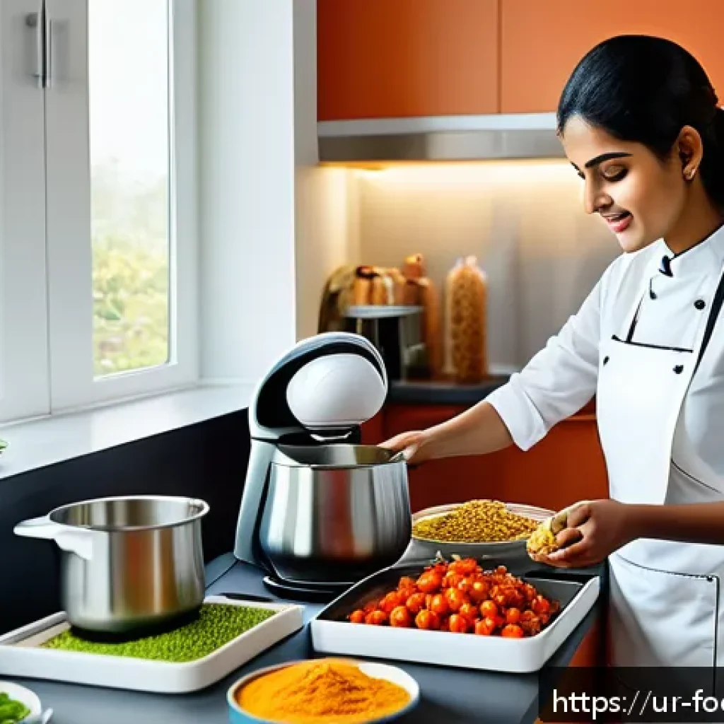 푸드테크에 대한 소비자 인식 조사 - A modern automated kitchen scene in a bright, clean home kitchen with a South Asian woman wearing ca...