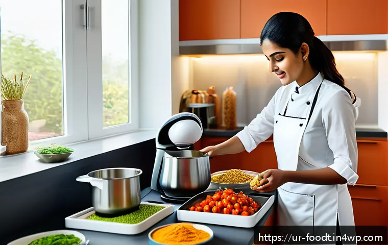 푸드테크에 대한 소비자 인식 조사 - A modern automated kitchen scene in a bright, clean home kitchen with a South Asian woman wearing ca...