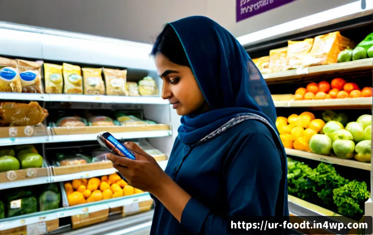 Home 30 푸드테크와 소비자 신뢰 구축 전략 - Photorealistic modern Pakistani grocery shopper in modest everyday clothing examining a sealed packa...